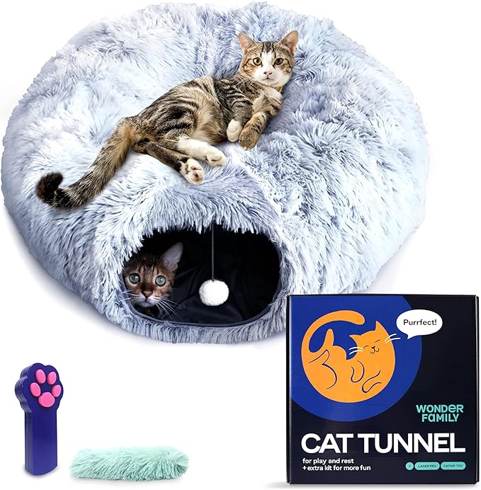 Cat Donut Tunnel Bed - Cat Tunnels for Indoor Cats - XL Plush Circle Hideaway with Cat Toys, 3-in-1 Foldable Playground & Cozy Cave Bed, Gift-Ready House Under Christmas Tree for Ferret, Rabbit, Kitty
