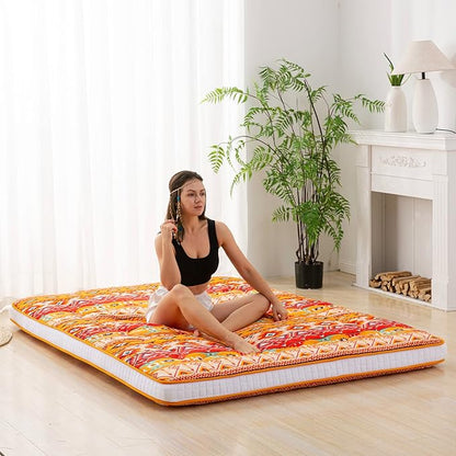Dr.Futon Japanese Floor Futon Mattress Extra Thick Folding Roll Up Bed Topper Mat for Guest Lounger and Tavel Tradional Pattern