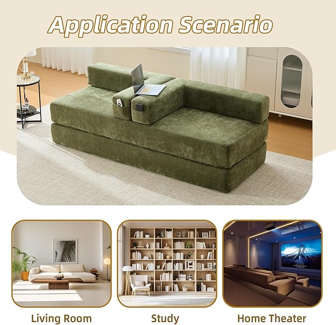 Comfy Convertible Folding Mattress Couch, Floor Sofa Bed, Chenille Floor Sofa with Armrest, Floor Sofa Lounge Couch for Living Room Bedroom Lounge Studio-Green