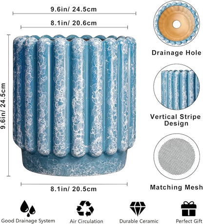 Ceramicfor Ceramic Planter, 9.6 Inch, Blue | Drainage Hole, Fluted Decorative Round, Indoor & Outdoor Plants, Front Door Decor, Housewarming Gifts