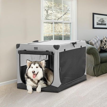 PETSFIT 40" Soft Portable Dog Crate – Patented Spiral Sturdy Frame, Collapsible Travel Kennel for Large Dogs, 3 Mesh Door, Lockable Zippers, Indoor & Car Use Gray