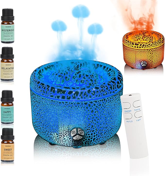 BOHOFAM Essential Oil Diffuser 500ML, Volcano and Flame Diffuser/Humidifier 2