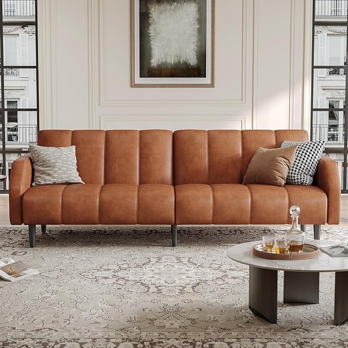Fadware Faux Leather Couch, Convertible Futon Sofa Bed with Adjustable Backrest, Mid Century Leather Sofa Loveseat with Side Pockets& Metal Leg, Modern Leather Sleeper Sofa for Living Room Bedroom