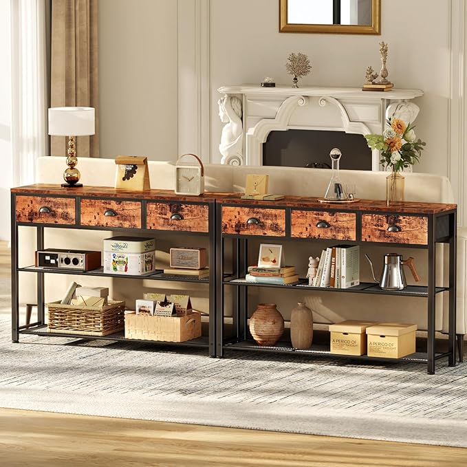 Furologee Entryway Table, 38'' Console Sofa Table with 3 Fabric Drawers, Industrial Entry Way Table with Storage Shelves, Display Shelf for Living Room, Hallway, Entrance, Foyer, Rustic Brown