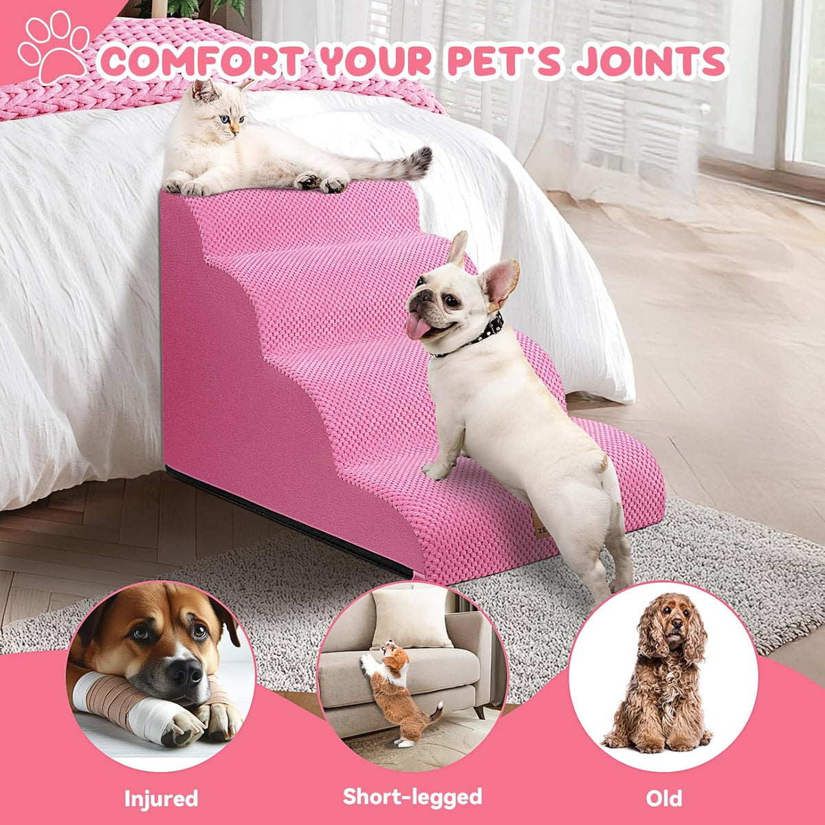 Dog Ramp and Stair for Bed 16" H-20 H,3-Step Cat Stair for Sofa and Chair,4-Step Dog Ramp for High Bed and Window,Durable Nonslip Fabric Cover for Indoor (Pink-20 H, Pet Friendly, 4)