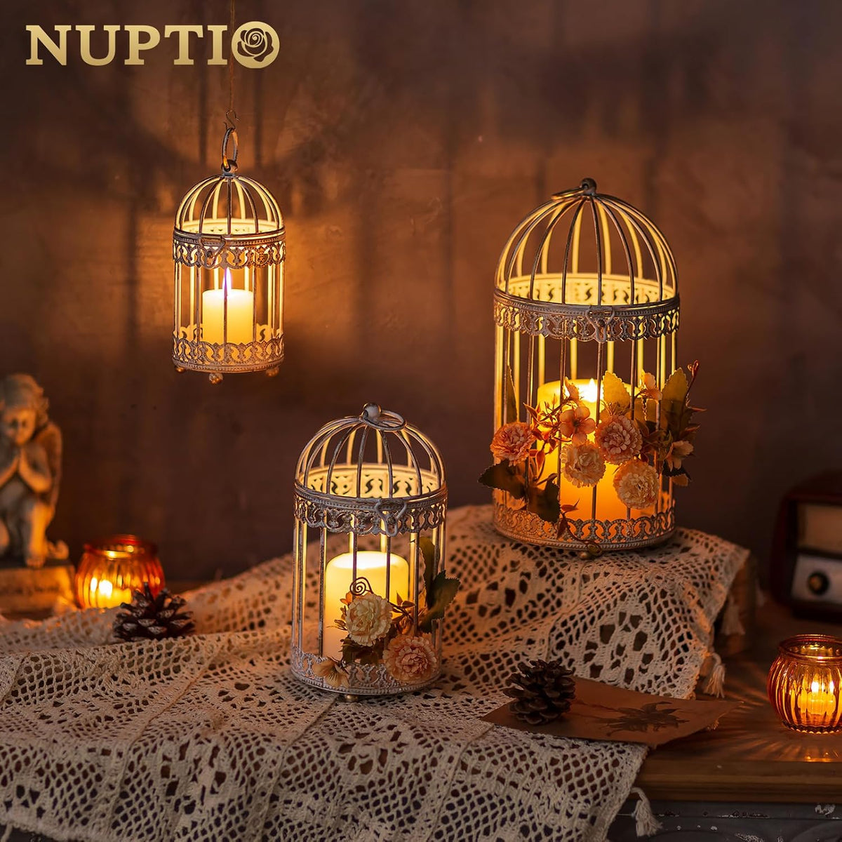 NUPTIO Decorative Bird Cage Lantern: 2 Set of 10 inch Tall Rustic White Birdcage Lanterns Centerpiece Vintage Decorating Metal Pillar Candle Holder for Christmas Bridal Shower Party Decor