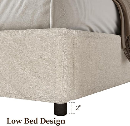 Full Size Bed Frame with Round Headboard, Upholstered Platform Bed Frame, Boucle Soft Bed Frame, Modern Style, No Box Spring Required, Easy Assembly, White