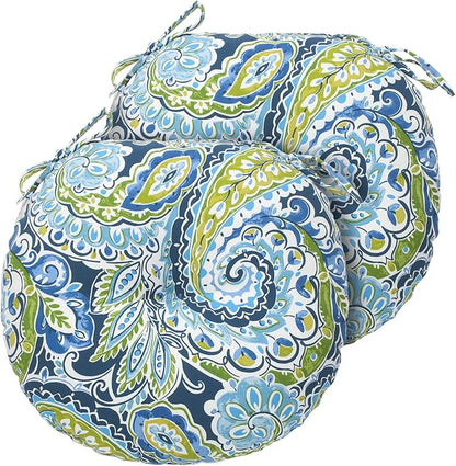 Magpie Fabrics Outdoor Round Bistro Seat Cushions with Ties, 15"x15"x4" Set of 2, Tufted Waterproof Barstool Chair Pads for Patio Home Garden Office, Paisley Lapis Green