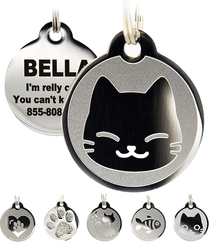 Stainless Steel Cat ID Tags - Engraved Personalized Cat Tags includes up to 4 Lines of Text with Kitty Face Shape