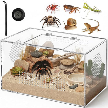 Acrylic Reptile Terrarium, Pre-Assembled Tarantula Enclosure with All-Side Ventilation & Magnetic Door, Tank for Spider, Gecko, Mantis, Frog, Snail, Isopods, 12"x7"x7" (Tweezer & Hygrometer Included)
