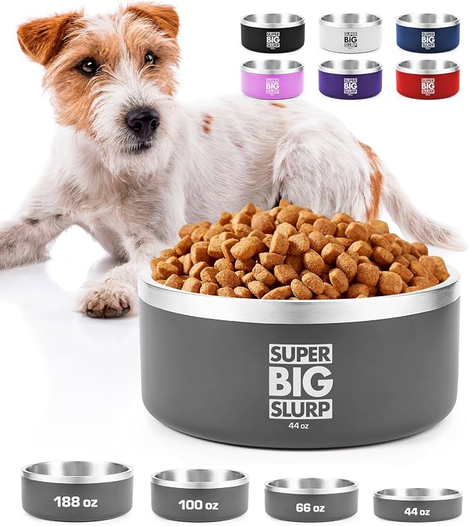 Tuff Pupper Heavy Duty Insulated Dog Bowl | Double Wall Stainless Steel Dog Food Dish | Non-Slip Spill Proof Dishwasher Safe Cat Bowl | Water Dish for Feeding Large Medium Small Pets (44oz, Grey)