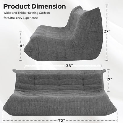 HABUTWAY Bean Bag Chairs Fireside Lazy Floor Sofa, Soft Teddy Fleece 3 Seater Sofa with High-Resilience Foam Filling，Beanbag for Living Room, Bedroom, Office (Dark Grey Teddy)