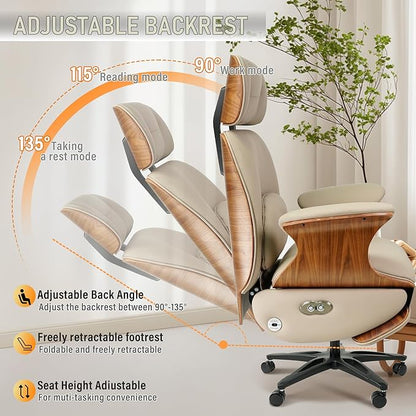 Genuine Leather Office Chair with Electric Reclining, Footrest, Lifting and Massage Function, 350lbs Capacity Ergonomic Executive Chair with Alu Base and 360° Wheels for Home Living Room