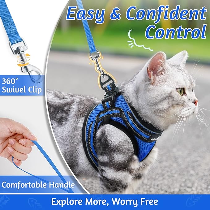 rabbitgoo Cat Harness and Leash Set for Walking Escape Proof, Adjustable Soft Kittens Vest with Reflective Strip for Cats, Comfortable Outdoor Vest, Blue, M