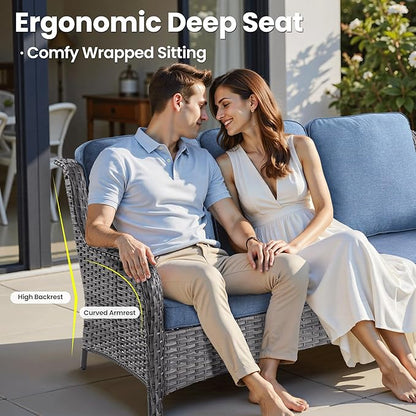 ovios 7 Pieces Patio Furniture Set, Outdoor Wicker Sofa Couch with Swivel Chairs Solar Lights Table, High Back Modern All Weather Conversation Sets, Grey Rattan, Denim Blue