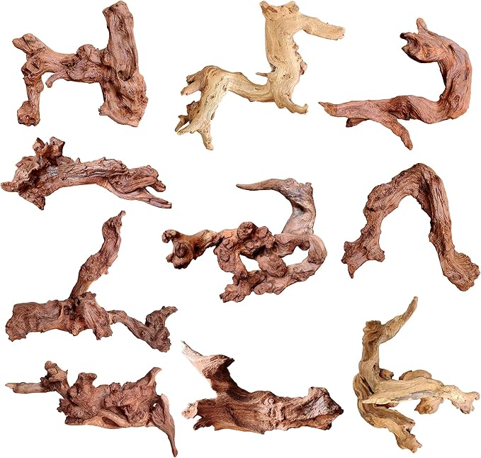 majoywoo Natural Small Driftwood for Aquarium Decor Reptile Decor, Assorted Driftwood Branch 2-4.5" 10 Pcs, Fish Tank Decorations