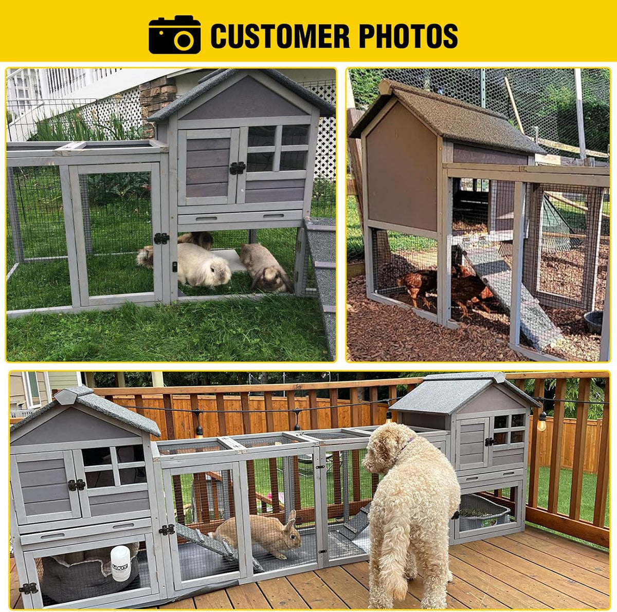 Aivituvin Rabbit Hutch Indoor Bunny Cage Outdoor with Run Chicken Coop Guinea Pig House with Waterproof Asphalt Roof,No Leakage Pull Out Tray (103.2" L x 25.2" W x 36.2" H, Grey-2 Sets)