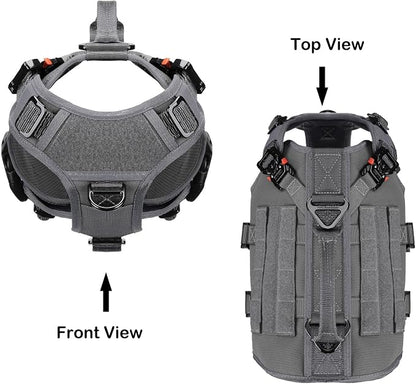 ICEFANG No Pull Tactical Dog Harness for Small Dogs,Adjustable Dog Vest | Control Handle,MOLLE Panel,Front Hook,3 Leash Clips,Soft Padded,for walking training,Grey,Small