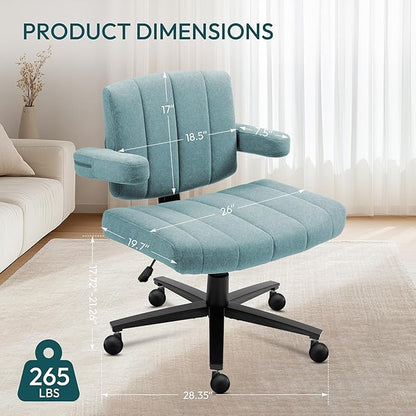 Vigosit Blue Criss Cross Office Chair with Wheels, Ergonomic Wide Seat Vanity & Dressing Table Chair, Adjustable Arms Swivel Rolling Desk Chair for Women, Comfortable Cross-Legged Support
