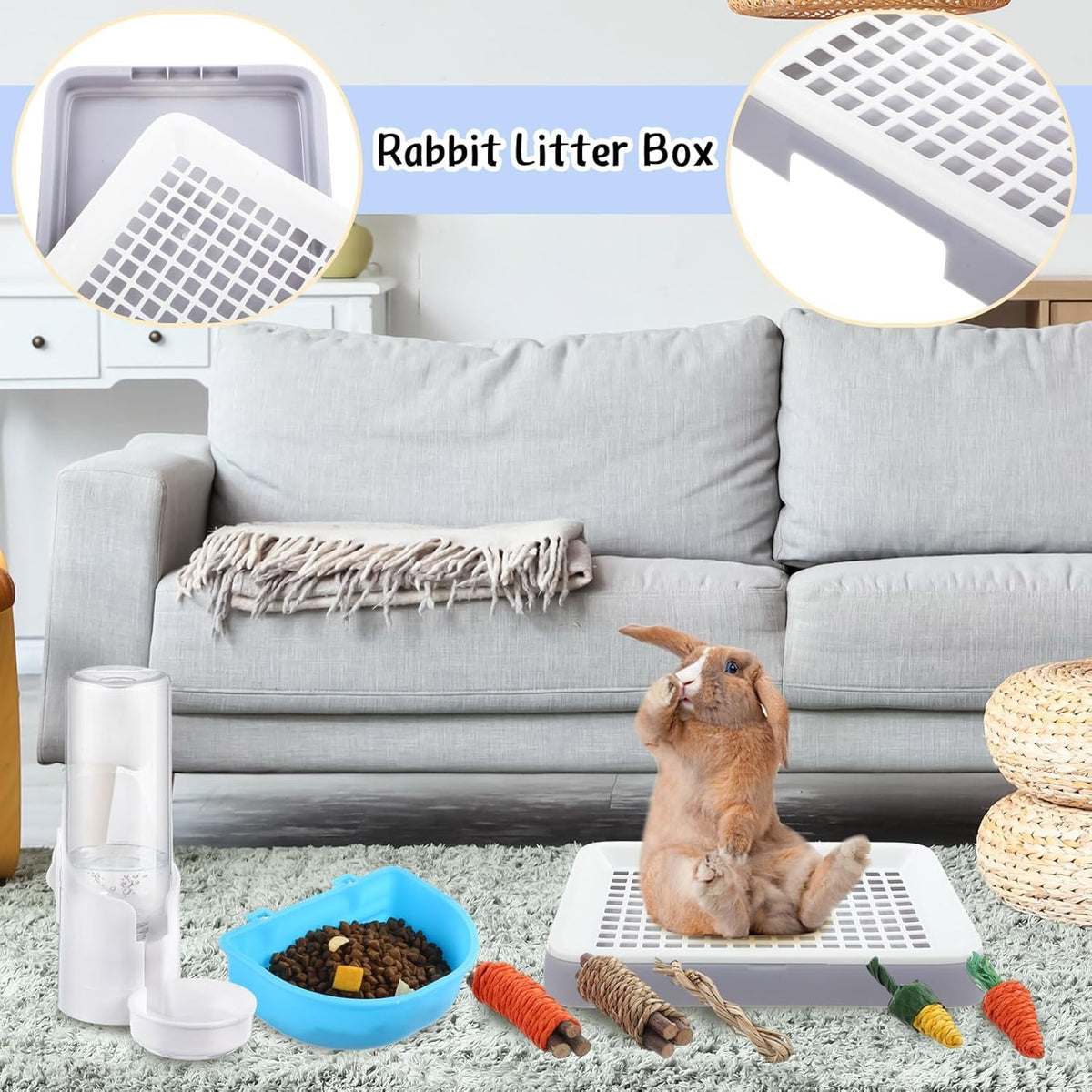 19 Pcs Rabbit Starter Kit Small Bunny Litter Box Animal Grooming Kit Water Bottle Bunny Toys Hay Feeder Bowl Blankets with Cleaning Set for Guinea Pig Rabbit Accessories