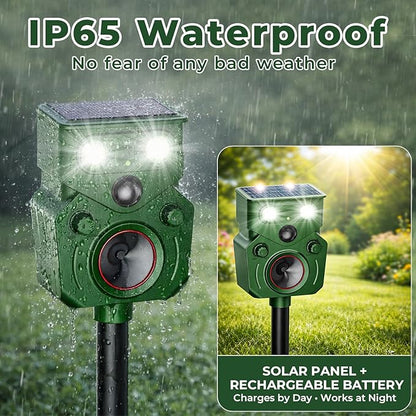 (2 Pack) Solar Ultrasonic Animal Repellent Outdoor, Motion Activated, IP65 Waterproof, Discourage Unwanted Animals in Yard, Deer, Coyote, Cats, Squirrel, Raccoon & Skunk with LED Flashing Lights