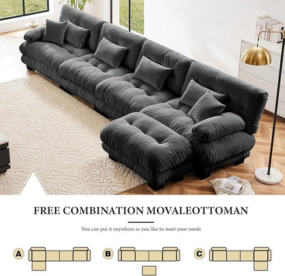 173.2" Oversized Couch, 4 Seater Modular Sectional Sofa, Grey Large L Shaped Fluffy Couch Set, Chenille Cloud Couches with Ottoman, Deep Seat Sofas for Living Room