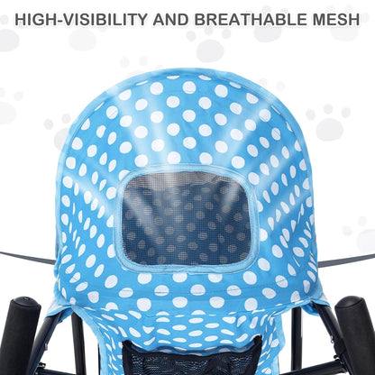 MoNiBloom 4 Wheels Pet Stroller, Easy-Fold Umbrella Shaped Dog Cat Jogger Stroller w/Storage Bag & Visible Mesh for Small/Medium Dogs Cats Sky Blue Polka Dots