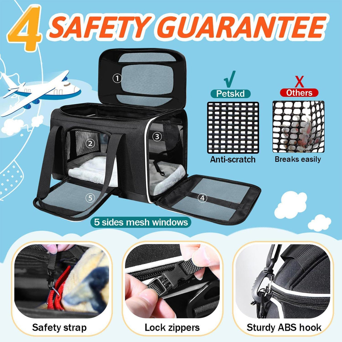 Petskd Top-Expandable Pet Carrier 17x12x8.5 Inches JetBlue Allegiant Spirit Airline Approved, Soft-Sided Carrier for Small Cats and Dogs with Locking Safety Zippers and Anti-Scratch Mesh(Black)