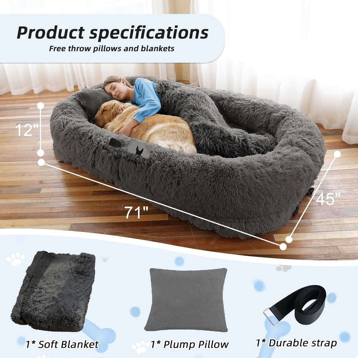 Human Dog Bed, 71''x45''x12'' Size Fits You and Pets, Washable Faux Fur Pet Bed for People Doze Off, Napping Orthopedic Dog Bed, Present Plump Pillow, Blanket, Strap - Dark Grey