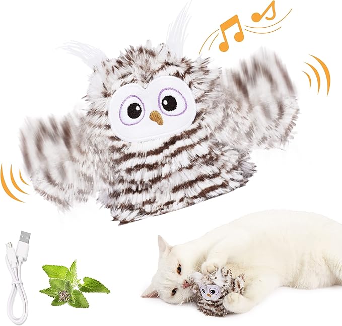 Interactive Cat Toy Rechargeable Automatic Chirping Owl Kitten Toy with Catnip, Auto Beating Wings Flying Bird Cat Toys for Indoor Cats to Play Alone, Never Boredom