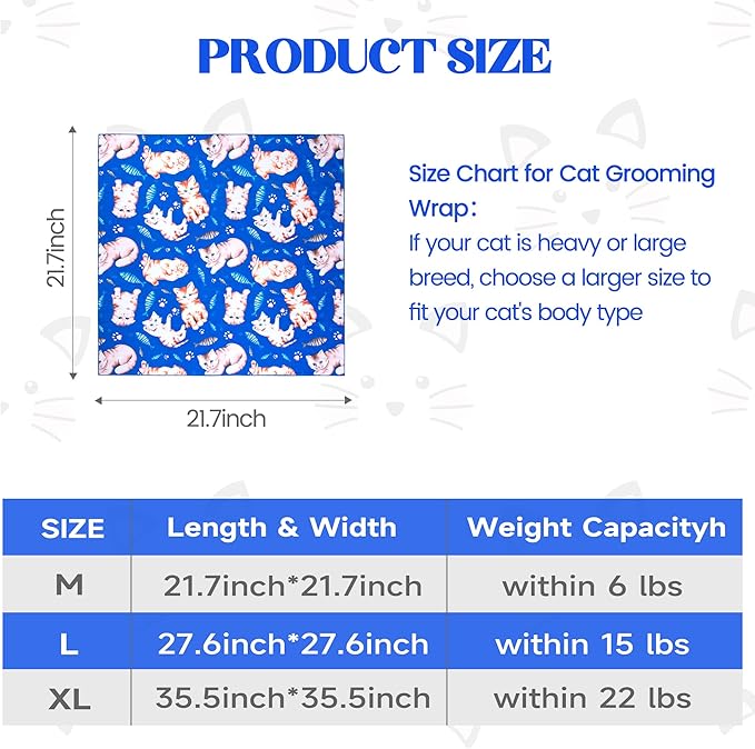 21.7“ Cat Wrap for Cutting Nails Self-Adherent Fabric Cat Wrap for Grooming Cat Restraint for Nail Clipping Anti-Escape Cat Calming Wrap Within 6lbs