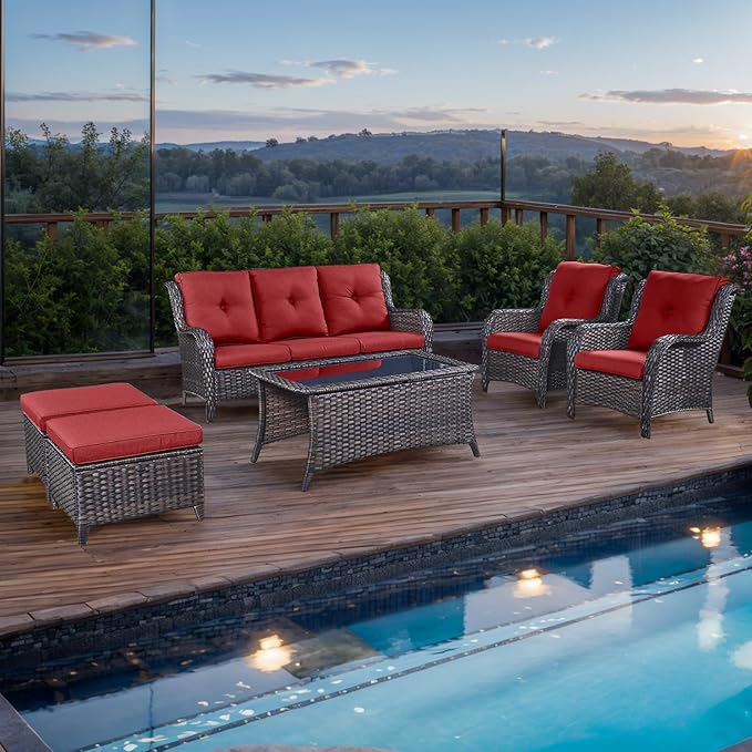 Rilyson Outdoor Patio Wicker Furniture Set - 6 Piece Rattan Patio Conversation Sectional Sofa Set with 1 Couch,2 Armchairs,2 Ottomans and 1 Glass Top Coffee Table for Porch Deck Garden(Brown/Red)