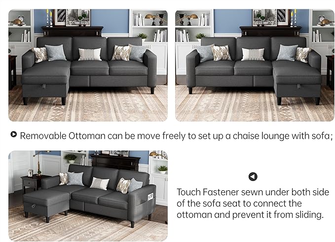 Sectional Sofas Couches for Living Room Convertible 3 Seater L Shaped Couch with Removable Storage Ottoman 78" Dark Grey Modern Linen Sofa for Apartments Studios Dorms Small Spaces