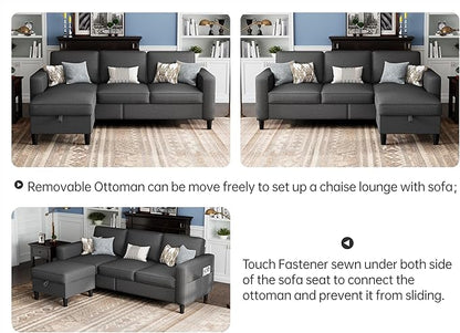 Sectional Sofas Couches for Living Room Convertible 3 Seater L Shaped Couch with Removable Storage Ottoman 78" Dark Grey Modern Linen Sofa for Apartments Studios Dorms Small Spaces