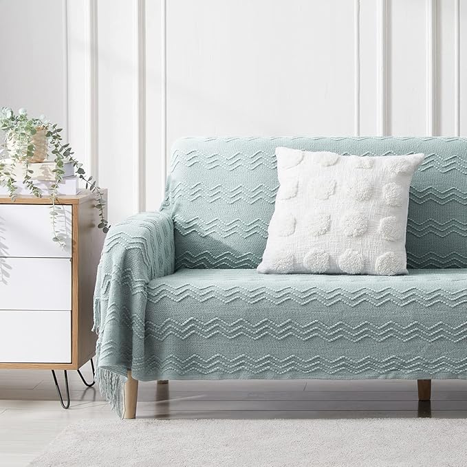 BOURINA Aqua Throw Blanket 50 x90 Inches Throw Textured Solid Soft Sofa Throw Bed Runner Couch Cover Knitted Decorative Blanket Bed Runner