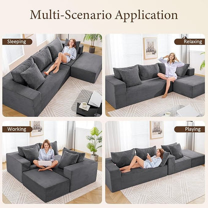 INGEROOM 108" Cloud Sectional Couch with L-Shape Chaise, Modular Sofa Memory Foam, 3 Module Boneless Sofa with Movable Ottoman, Upholstered Couches for Living Room, No Assembly Required, Dark Gray