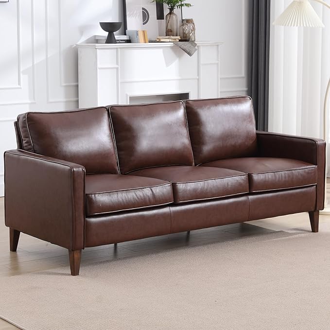 EBELLO 77” Mid Century Modern Sofa Couch, 3 Seater Faux Leather Couches for Living Room, Soft Padded Comfy Cushion, Small Sofa for Small Spaces, Bedroom, Apartment, Dark Brown