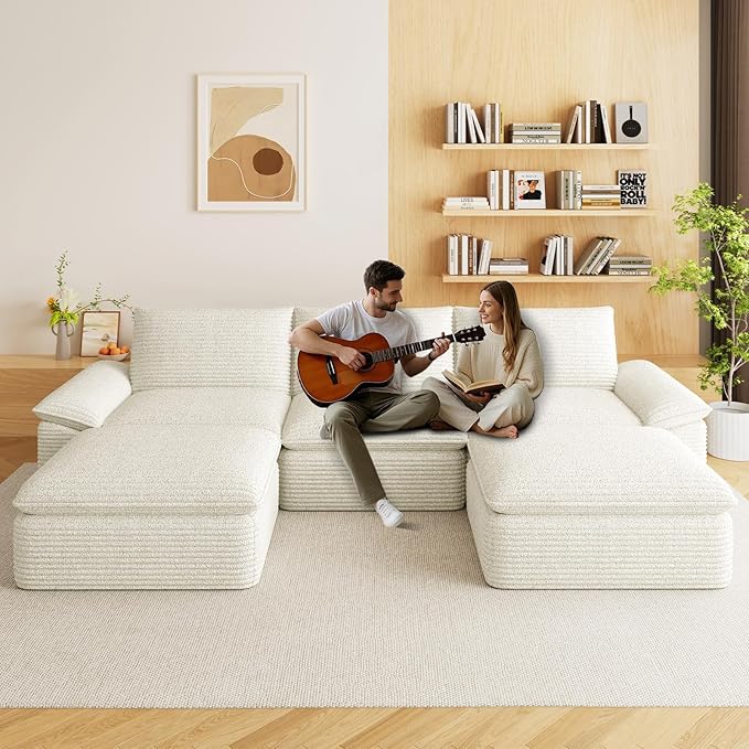 113.03" Sectional Couches for Living Room Modern Modular Sofa with U-Shape Couchs Upholstered Corduroy Boneless Couch Deep Seat Cloud Couch with Ottoman, No Assembly Required, White