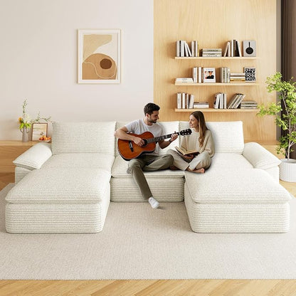 113.03" Sectional Couches for Living Room Modern Modular Sofa with U-Shape Couchs Upholstered Corduroy Boneless Couch Deep Seat Cloud Couch with Ottoman, No Assembly Required, White