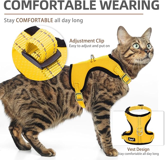 PUPTECK Cat Harness and Leash Set Escape Proof, Reflective Adjustable Soft Mesh Kitten Vest Harness for Walking Travel, Yellow, S