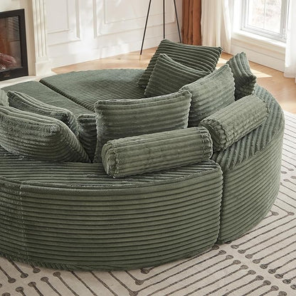 78-inch Oversized Round Chaise Lounge Chair Indoor, Convertible Folding Sofa Bed w/ 10 Pillows, Fluffy Corduroy Boneless Compressed Memory Foam Couch for Living Room, Bedroom (Green, Left & Right)