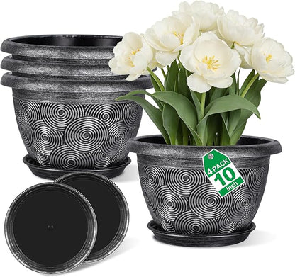 10-Inch -Plastic-Pots -For-Plant With Saucer, 4 Pack Outdoor Planters With Drainage Holes, Decorative Flower Pots For Indoor Plants, Modern 3D Swirl Silver Plant Pots With With Removable Tray
