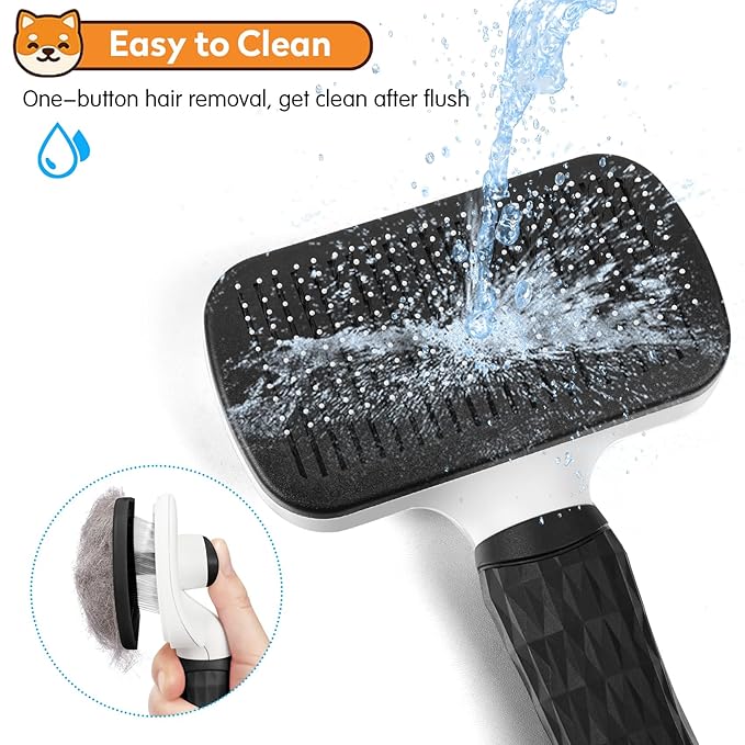 Dog & Cat Brush, Black Self Cleaning Slicker Brush for Pets, Upgraded Dog Brush for Shedding Massaging and Grooming, Removes Loose Undercoat & Portable Comb for Long Short Haired Dogs