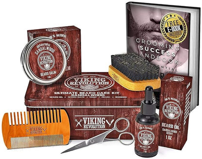 Viking Revolution Ultimate Beard Kit - Sandalwood, 5 Pcs with Metal Box | Complete Multi-Piece Men's Gift Box - Features Boar Brush, Wood Comb, Sandalwood Balm & Oil, Scissors for Beard & Mustache