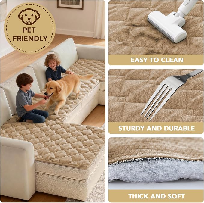 H.VERSAILTEX Chenille Couch Cover for Dogs Washable Soft Fuzzy Extra Large Sofa Slipcovers Sectional Sofa Cover Thick Pet Couch Cover Protector Non-Slip Dog Bed Cover(Khaki, 28" x 134")