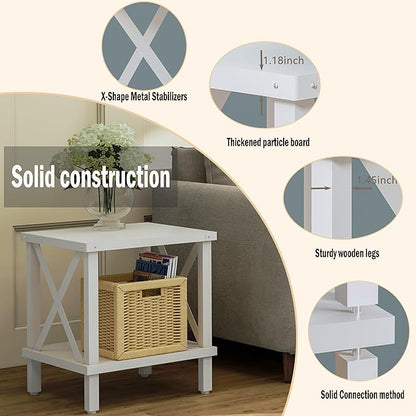 Large End Table Farmhouse Side Table Industrial Style Sofa Table Metal X Accent Wood Coffee Table NightStand with Storage Shelf for Living Room Bedroom White MLBZ16W