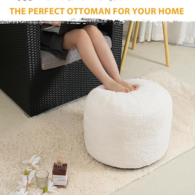 Round Stuffed Pouf Ottoman for Foot Rest, Faux Fur Poufs with Foam Chunk Filling, Storage Ottoman Pouf Foot Stool Cushion, 20 X 15 Inch Floor Chair for Living Room Bedroom Home Decor, White