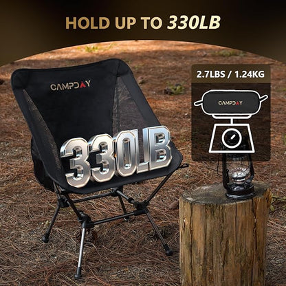 Campday Camping Chair Portable Hiking Ultralight Backpacking Small Lightweight Folding Chair for Outdoor Camp Hunting Beach Picnic Concert, Supports 330lbs (Black,1PCS)