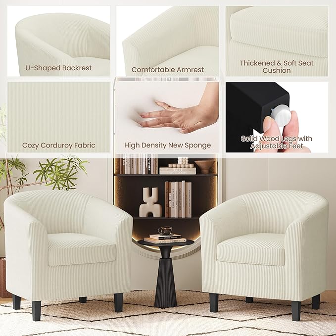 Yaheetech Corduroy Barrel Chair, Upholstered Club Accent Chair, Round Armchair with Soft Cushion for Living Room Bedroom Reading Waiting Room, Beige