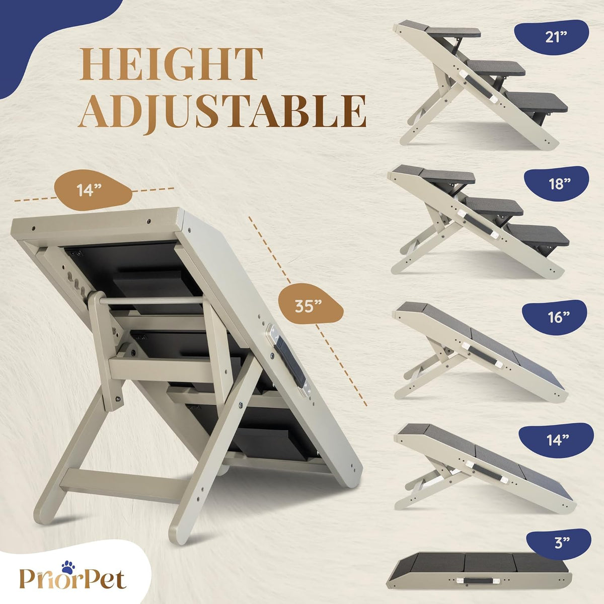 Dog Steps for Bed & Couch 2-in-1 Dog Stairs/Ramp - Height Adjustable Dog Ramp for Couch 7” - 20” - Pet Stairs, Dog Stairs for Small Dogs - Easy to Move Pet Steps with Landing Platform, Gray
